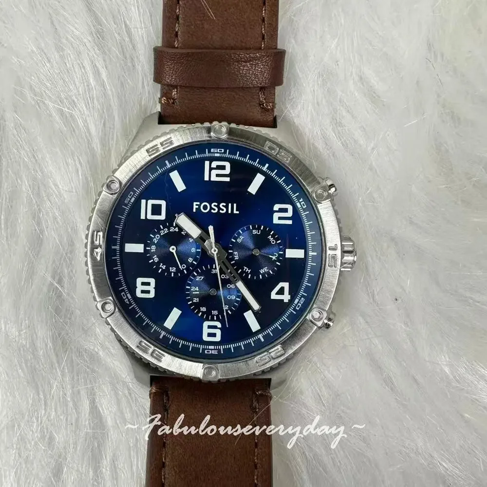 FOSSIL Men's Brox Multifunction Brown Leather Watch 50mm Blue BQ2799 NWT